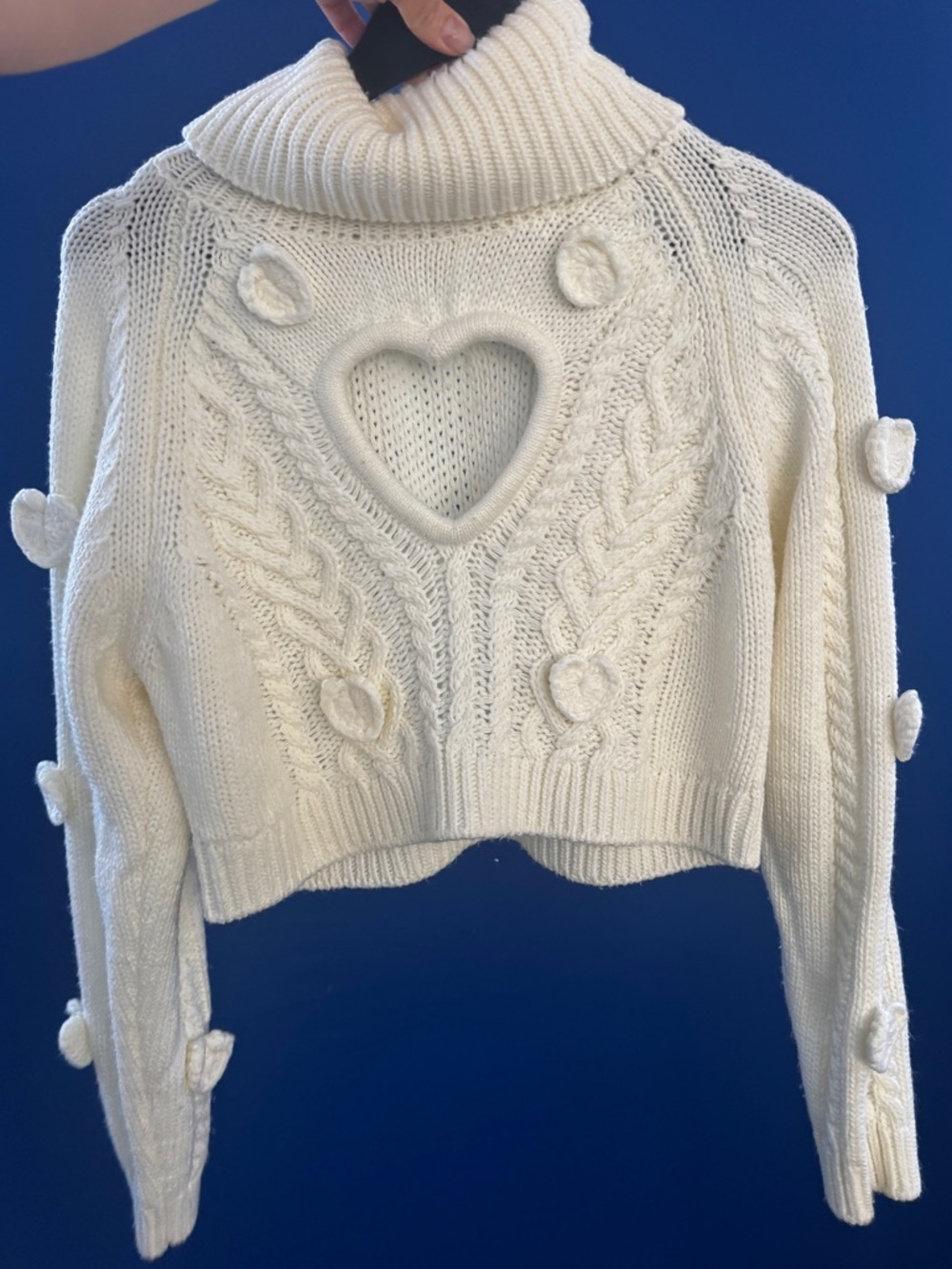 For Love And Lemons Cream Cable Knit Turtleneck Sweater with Heart Cutout